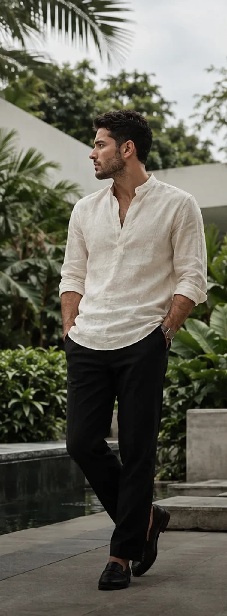 Man in a white linen shirt and black trousers by a tropical pool