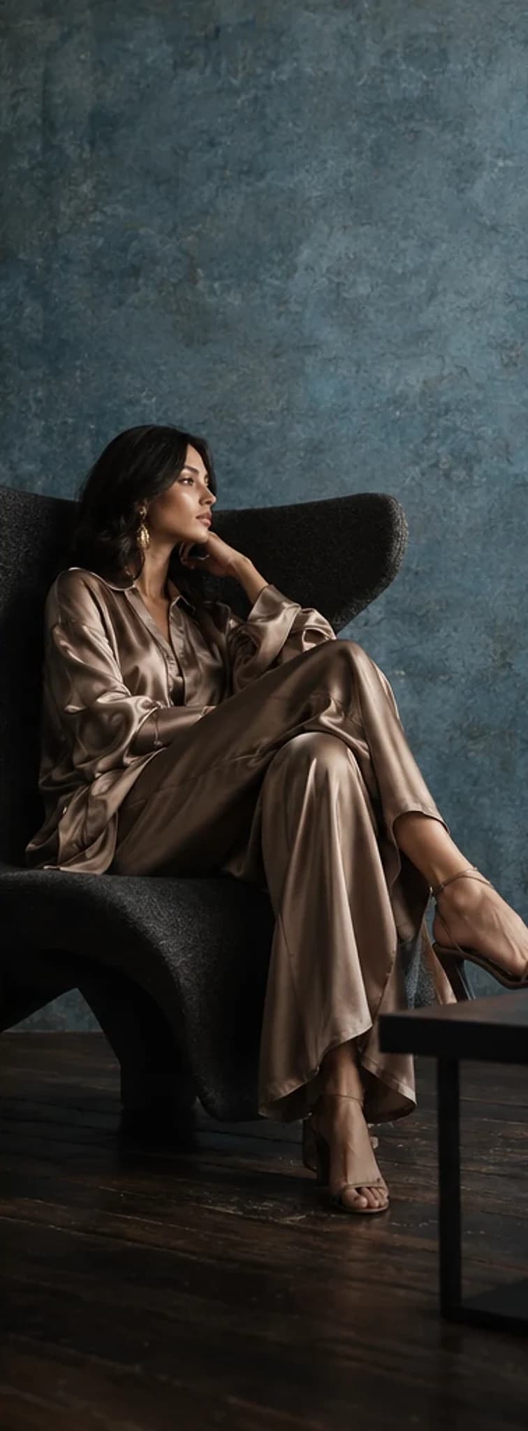 Woman in a bronze satin shirt and trouser set seated in a sculptural chair