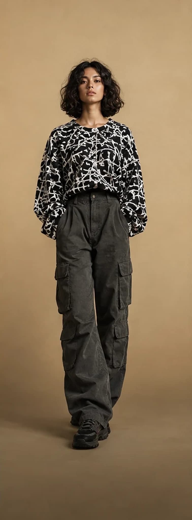 Model in a black and white print top and charcoal cargo trousers