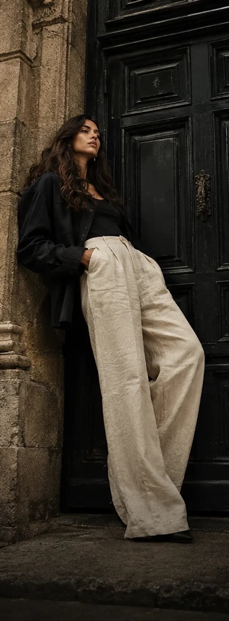 Woman in a black shirt and cream linen wide-leg trousers leaning on an old black door