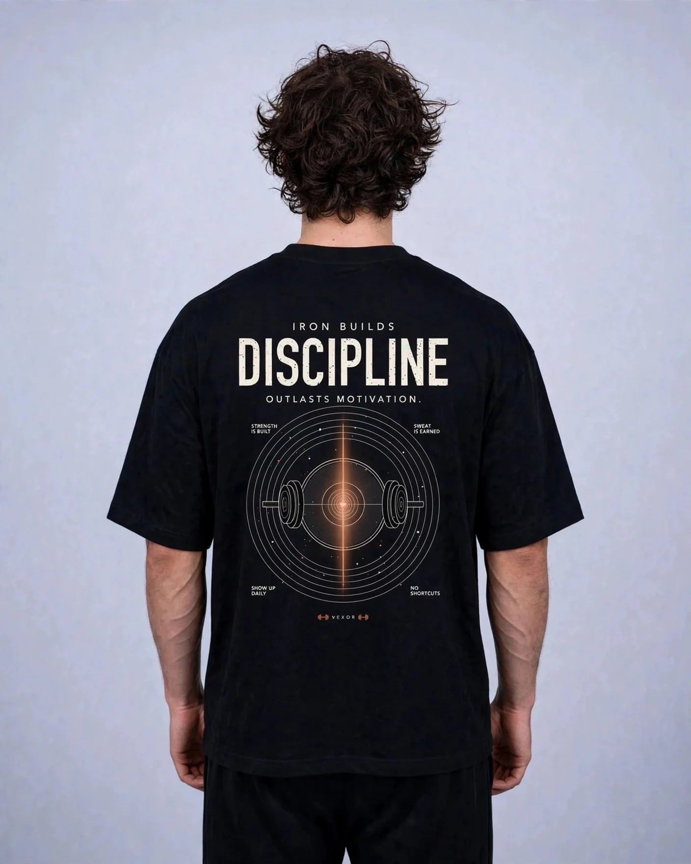 Man wearing the black tee, back view showing the Iron Builds Discipline print with a copper weight-plate graphic