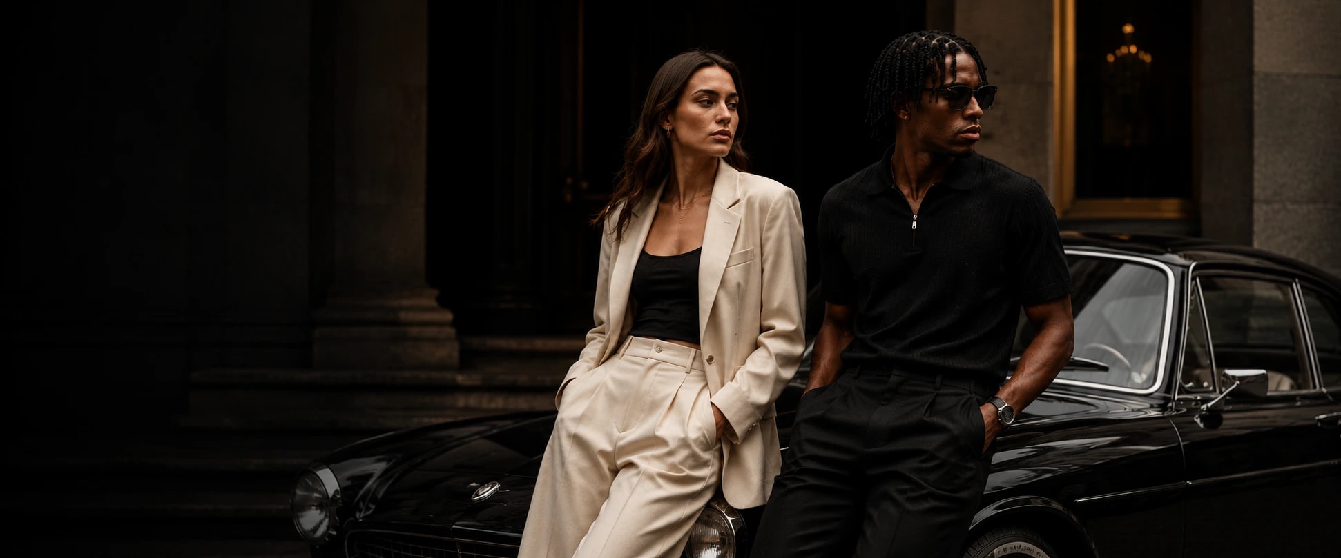 VEXOR After Dark campaign — a woman in a cream tailored suit and a man in a black knit polo leaning on a vintage black car
